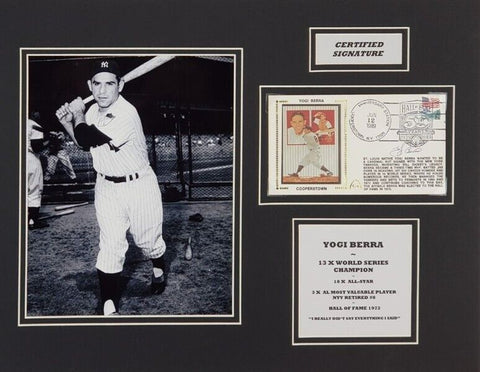 Yogi Berra Signed New York Yankee Cachet Envelope 14x18 Matted Display (JSA COA)