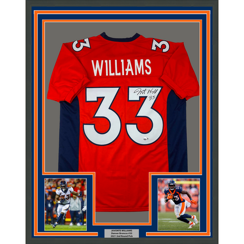 Framed Autographed/Signed Javonte Williams 33x42 Orange Football Jersey BAS COA