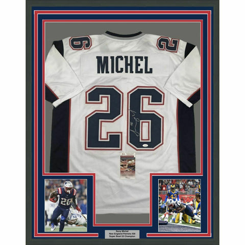 FRAMED Autographed/Signed SONY MICHEL 33x42 New England White Jersey JSA COA