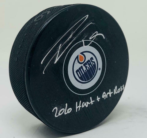 LEON DRAISAITL Autographed "2020 HART & Art Ross" Oilers Puck FANATICS