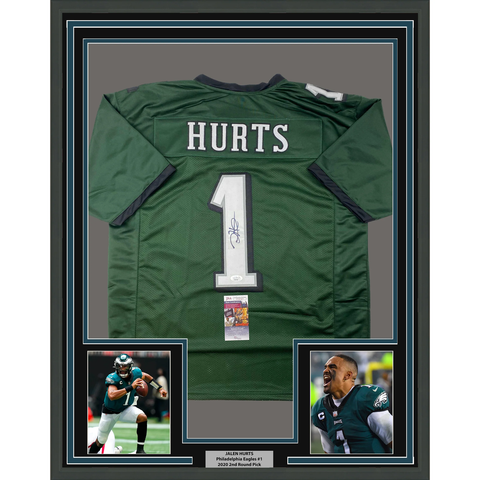 Framed Autographed/Signed Jalen Hurts 33x42 #1 Philadelphia Green Jersey JSA COA