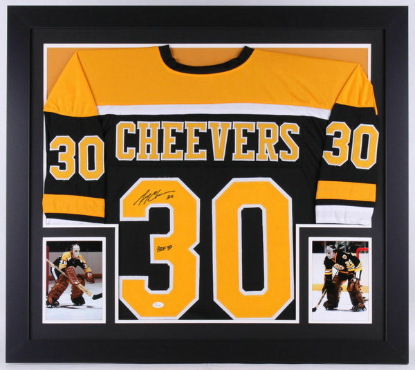 Gerry Cheevers Signed Bruins 35x43 Custom Framed Jersey Inscribed " HOF 85"/ JSA