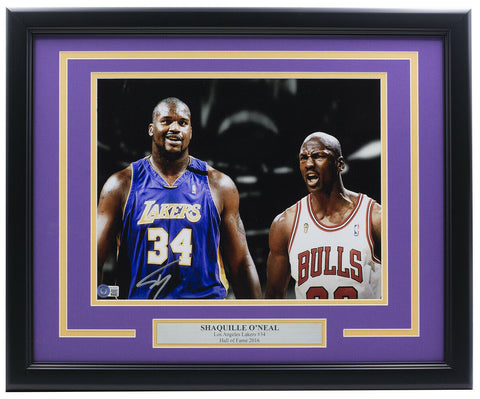 Shaquille O'Neal Signed Framed 11x14 Lakers Basketball Photo w/ Jordan BAS