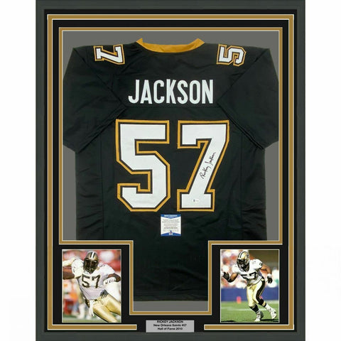 FRAMED Autographed/Signed RICKEY JACKSON 33x42 New Orleans Black Jersey BAS COA