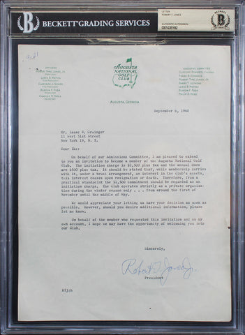 Robert T Jones Signed 8.5x11 1960 Letter on Augusta National Letterhead BAS Slab