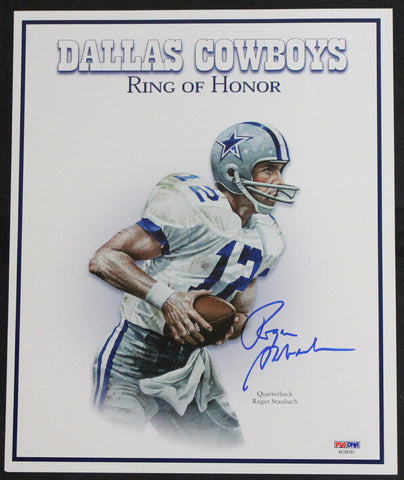 Roger Staubach Signed Dallas Cowboys 11.5x9.5 Ring Of Fame Print PSA 36484