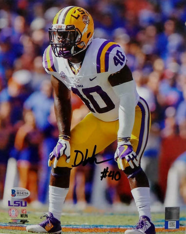 Devin White Autographed LSU 8x10 PF Photo In Stance White Jersey - Beckett Auth