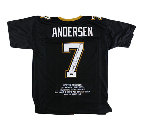 Morten Andersen Signed New Orleans Custom Stats Black Jersey With "Great Dane" I