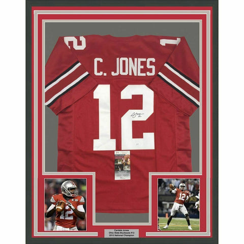 FRAMED Autographed/Signed CARDALE JONES 33x42 Ohio State Red Jersey JSA COA