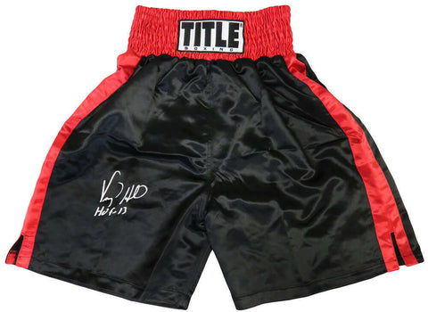 Virgil Hill Signed Title Black & Red Trim Boxing Trunks w/HOF'13 - SCHWARTZ COA