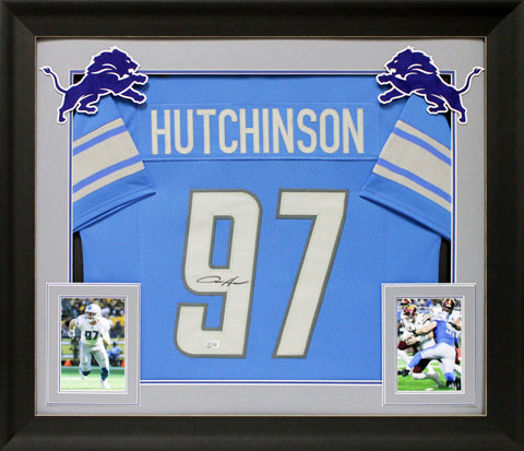 Aidan Hutchinson Authentic Signed Blue Pro Style Framed Jersey BAS Witnessed