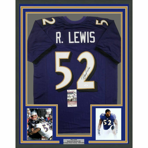 FRAMED Autographed/Signed RAY LEWIS 33x42 Baltimore Purple Jersey JSA COA Auto