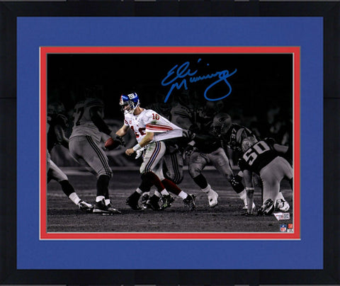 FRMD Eli Manning NY Giants Signed 11x14 SB XLII Escaping Spotlight Photo