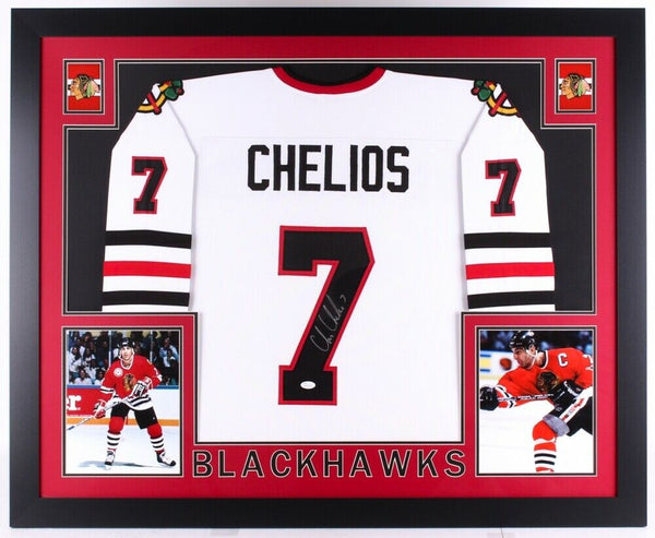 Chris Chelios Signed Chicago Blackhawks 35x43 Custom Framed Jersey (JSA COA)