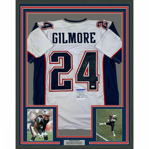 FRAMED Autographed/Signed STEPHON GILMORE 33x42 New England White Jersey PSA COA