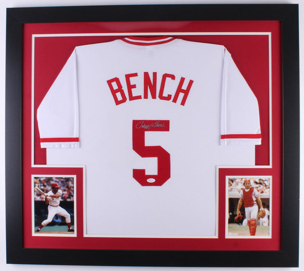 Johnny Bench Signed Reds 31x35 Custom Framed Jersey (JSA) Hall of fame Catcher