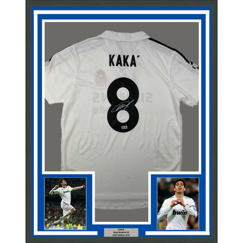 Framed Autographed/Signed Ricardo Kaka 33x42 Madrid White Futbol Jersey BAS COA