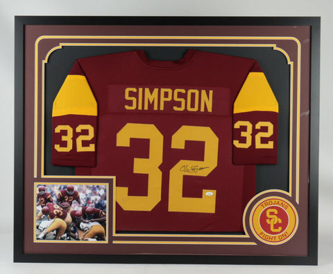 O. J. Simpson Signed USC Trojans 34x42 Framed Jersey Display (JSA COA) Bills R.B