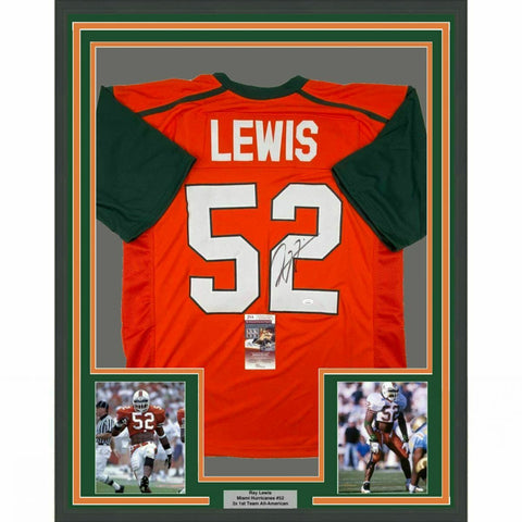 FRAMED Autographed/Signed RAY LEWIS 33x42 Miami Orange College Jersey JSA COA
