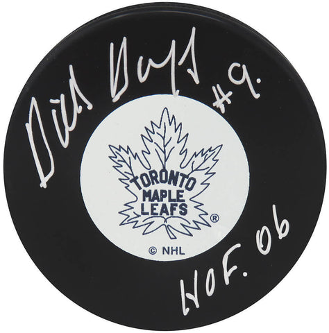 Dick Duff Signed Maple Leafs T/B Medium Logo Hockey Puck w/HOF'06 (SCHWARTZ COA)