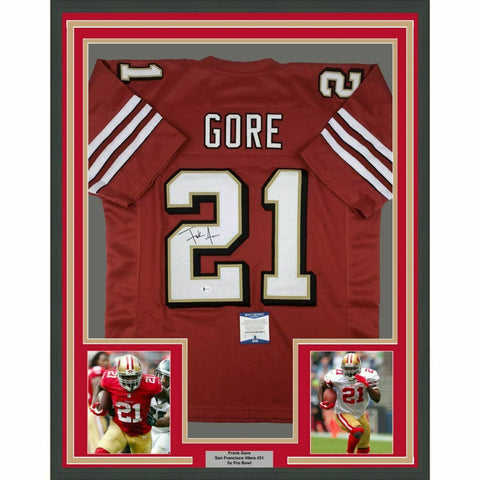 FRAMED Autographed/Signed FRANK GORE 33x42 San Francisco Red Jersey Beckett COA