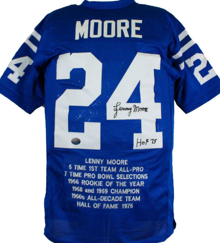 Lenny Moore Autographed Blue Pro STAT Style Jersey w/HOF-Prova *Black