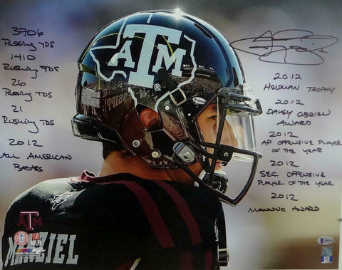 Johnny Manziel Signed Texas A&M 16x20 PF Photo Close Up 10 Insc-Beckett W Auth