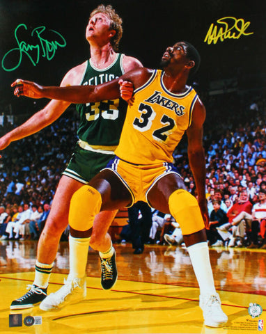 Larry Bird Magic Johnson Autographed 16x20 Color Box Out Photo-Beckett W Holo