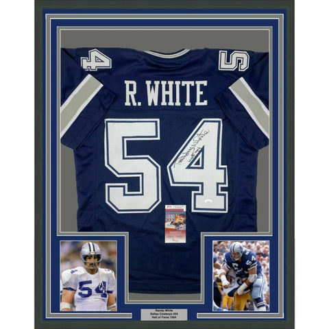 FRAMED Autographed/Signed RANDY WHITE 33x42 Dallas Blue Football Jersey JSA COA