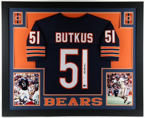 Dick Butkus Signed Bears 35x43 Framed Jersey (Beckett) 8xPro Bowl /1965-1972 L.B