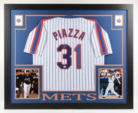 Mike Piazza Signed New York Mets 35x43 Framed Pinstripped Jersey (JSA COA)