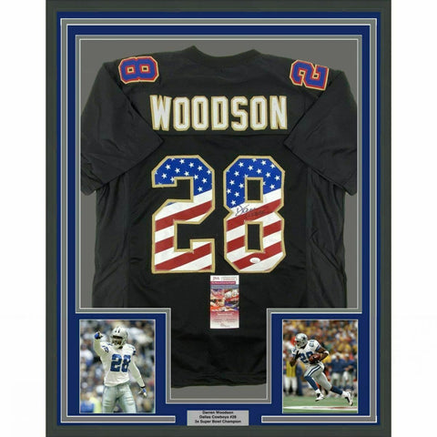 FRAMED Autographed/Signed DARREN WOODSON 33x42 Dallas USA Black Jersey JSA COA