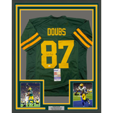 Framed Autographed/Signed Romeo Doubs 33x42 Color Rush Green Jersey JSA COA