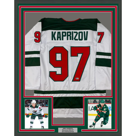 Framed Autographed/Signed Kirill Kaprizov 33x42 Minnesota White Jersey BAS COA