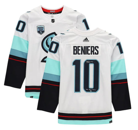 MATT BENIERS Autographed "NHL Debut 4/12/22" Authentic White Jersey FANATICS