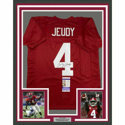 FRAMED Autographed/Signed JERRY JEUDY 33x42 Alabama Red College Jersey JSA COA