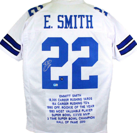 Emmitt Smith Autographed White Pro Style STAT Jersey- Beckett W Hologram *Silver