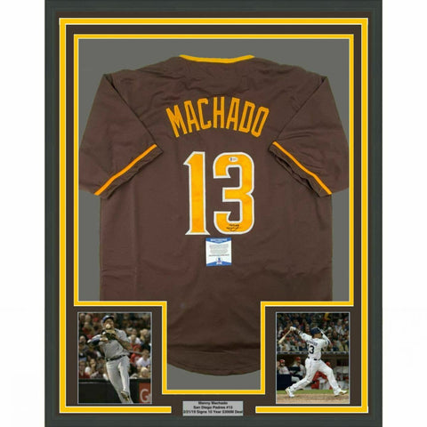 FRAMED Autographed/Signed MANNY MACHADO 33x42 San Diego Brown Jersey Beckett COA
