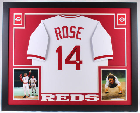 Pete Rose Signed Cincinnati Reds 35x43 Custom Framed Jersey (JSA COA) Hit King