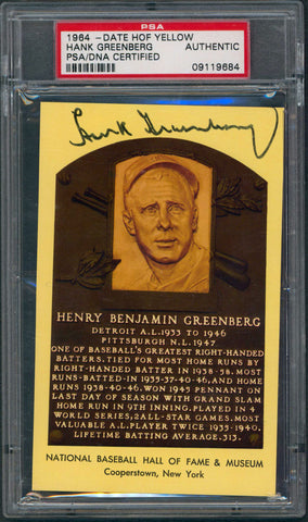 Tigers Hank Greenberg Signed 1964 - Date HOF Yellow 3.35x5.25 Postcard PSA
