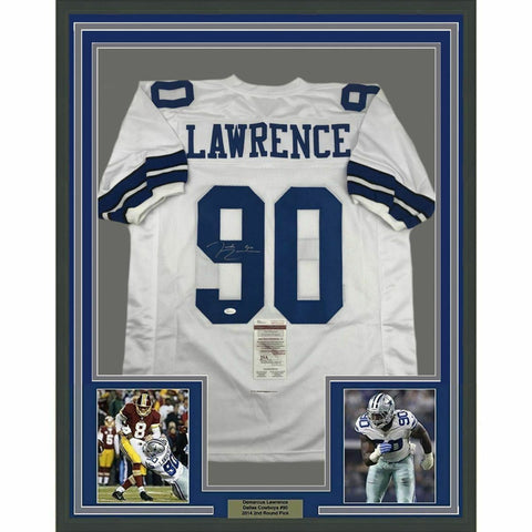 FRAMED Autographed/Signed DEMARCUS LAWRENCE 33x42 Dallas White Jersey JSA COA