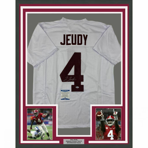 FRAMED Autographed/Signed JERRY JEUDY 33x42 Alabama White College Jersey BAS COA