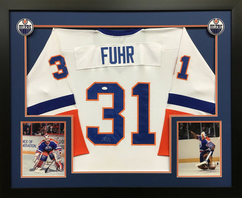 Grant Fuhr Signed Edmonton Oilers 35 x43 Custom Framed Jersey Display (JSA COA)