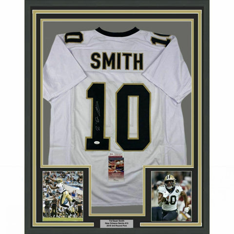 FRAMED Autographed/Signed TRE'QUAN SMITH 33x42 New Orleans White Jersey JSA COA