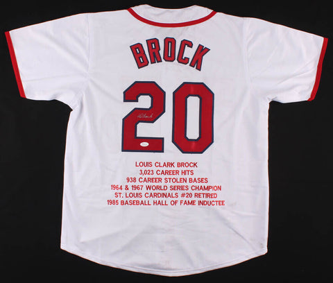 Lou Brock Signed St. Louis Cardinals Career Highlight Stat Jersey (JSA COA)