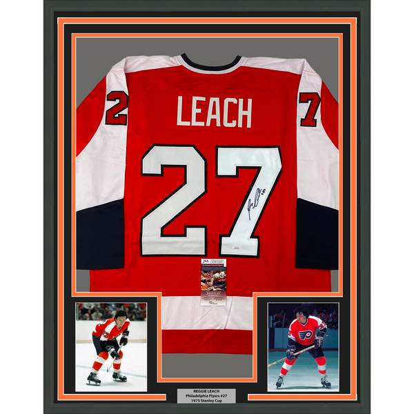 Framed Autographed/Signed Reggie Leach 33x42 Philadelphia Orange Jersey JSA COA