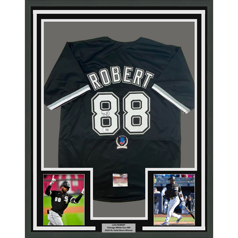 Framed Autographed/Signed Luis Robert 33x42 Chicago Black Jersey Beckett BAS COA