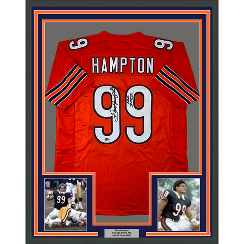 Framed Autographed/Signed Dan Hampton 33x42 HOF 2002 Orange Jersey Beckett COA