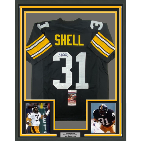 Framed Autographed/Signed Donnie Shell 33x42 Pittsburgh Black Jersey JSA COA