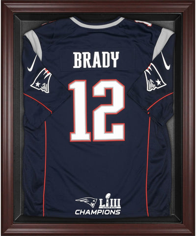 New England Patriots SB LIII Champs Mahogany Frmd Jersey Logo Display Case